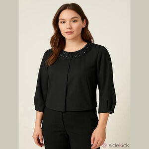 Olsen Europe Cropped Jacket Size 6 Black Embellished Cotton Blend